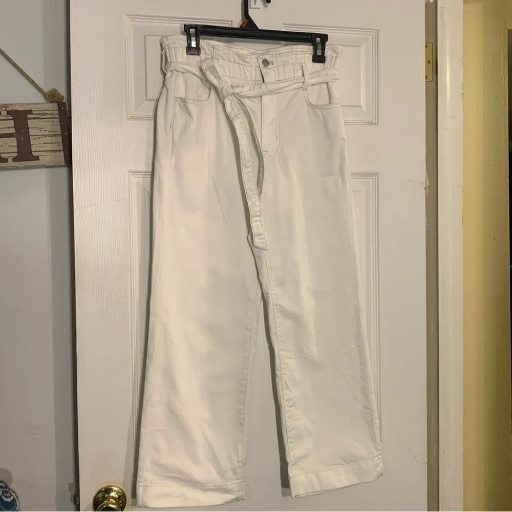 J Crew White Paper Jeans Womens Size 27 US 4 White Wide Leg Belted Elastic Waist - Picture 1 of 12